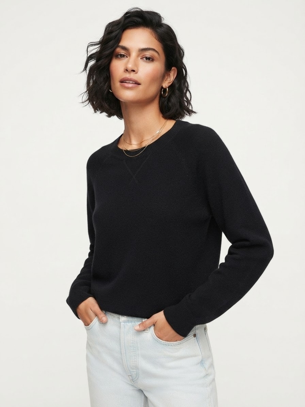 Quince 100% Cashmere Black Crewneck Sweater V-Stitch Raglan Size Large